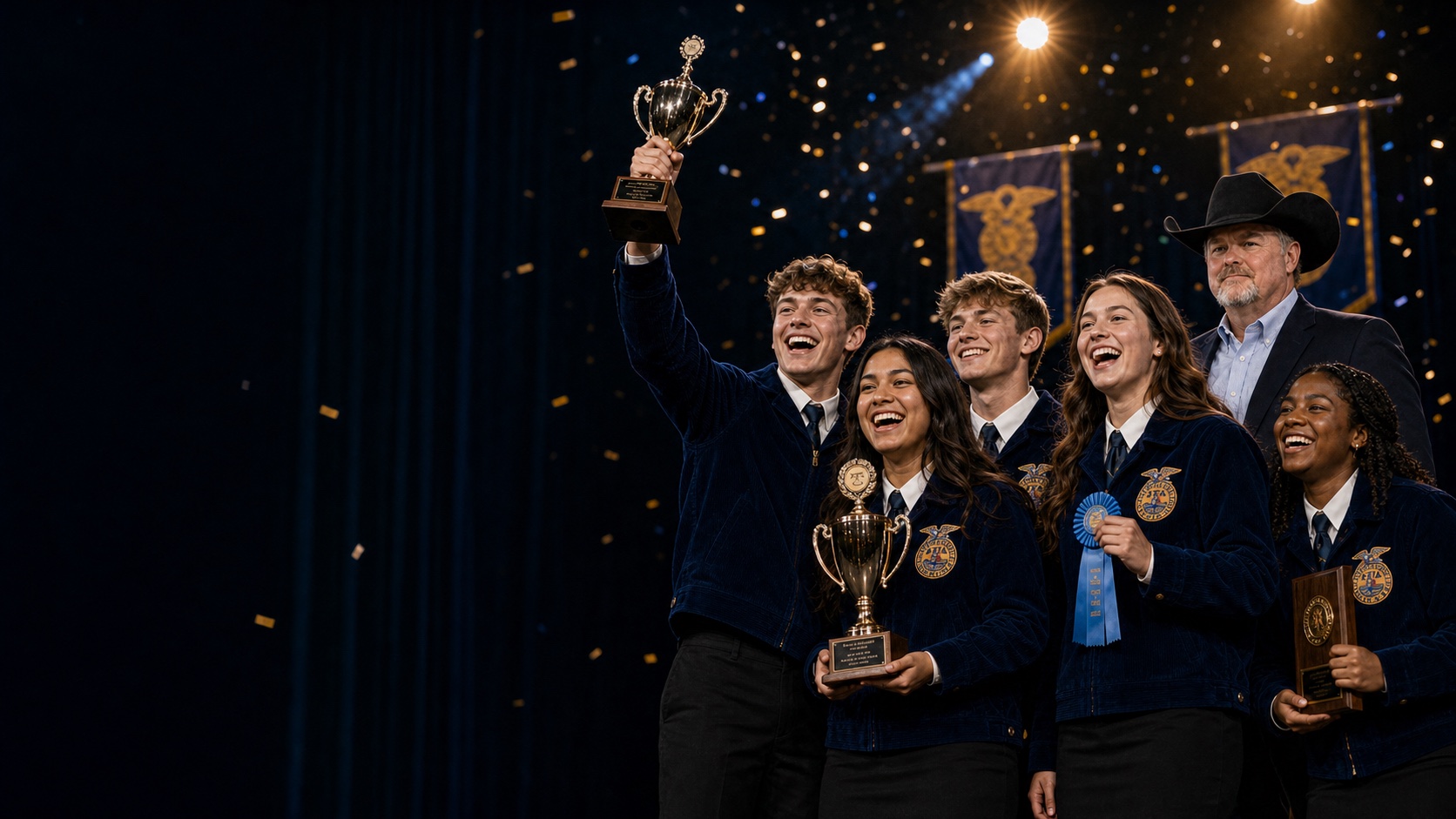 FFA students celebrating a contest win on stage